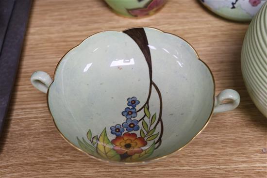 A group of Carlton Ware 1930s lime green ground pottery comprising six vases, a dish and a jug tallest 18cm